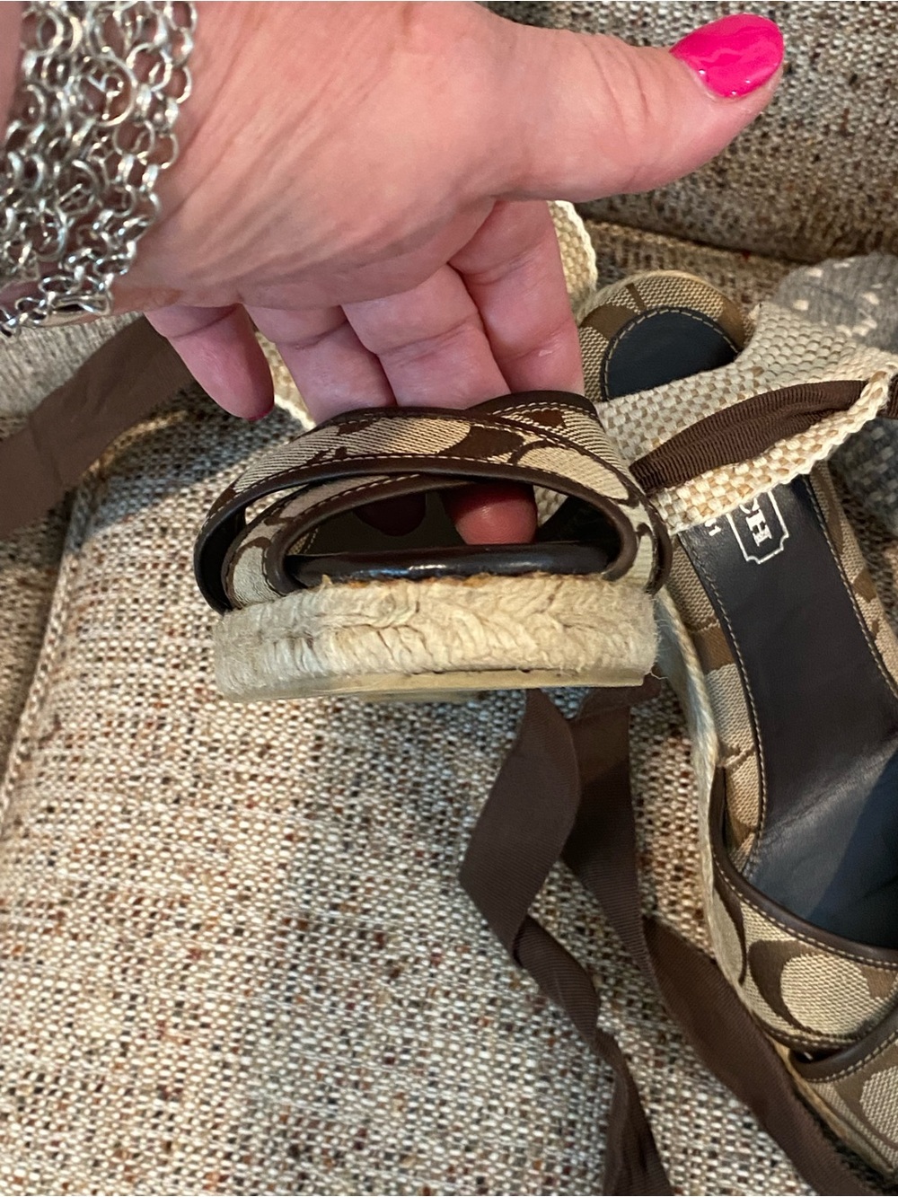 Coach Tan and Brown Signature Canvas Wedge Sandals with Ankle Wrap - Picture 6 of 14